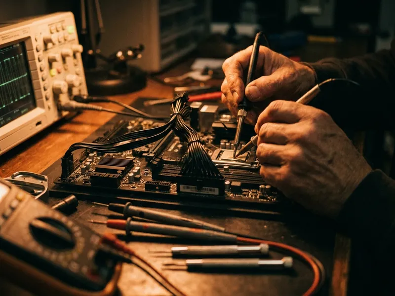 Technician's hands soldering a circuit board on a workbench with diagnostic tools