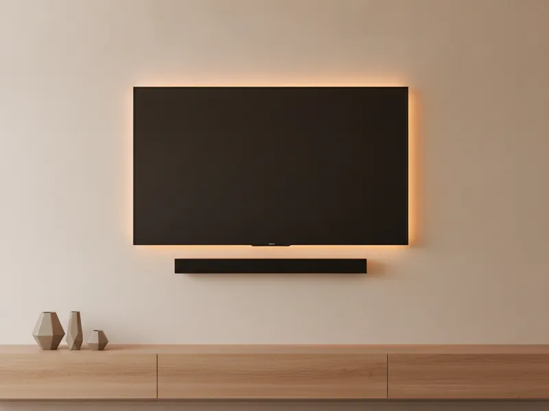 Wall-mounted flatscreen television with soundbar in a minimally styled living room