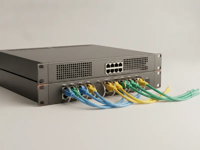 Rack-mounted network router and switch with organized ethernet cabling