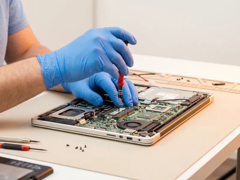 Technician's gloved hands repairing an open laptop chassis with a precision screwdriver