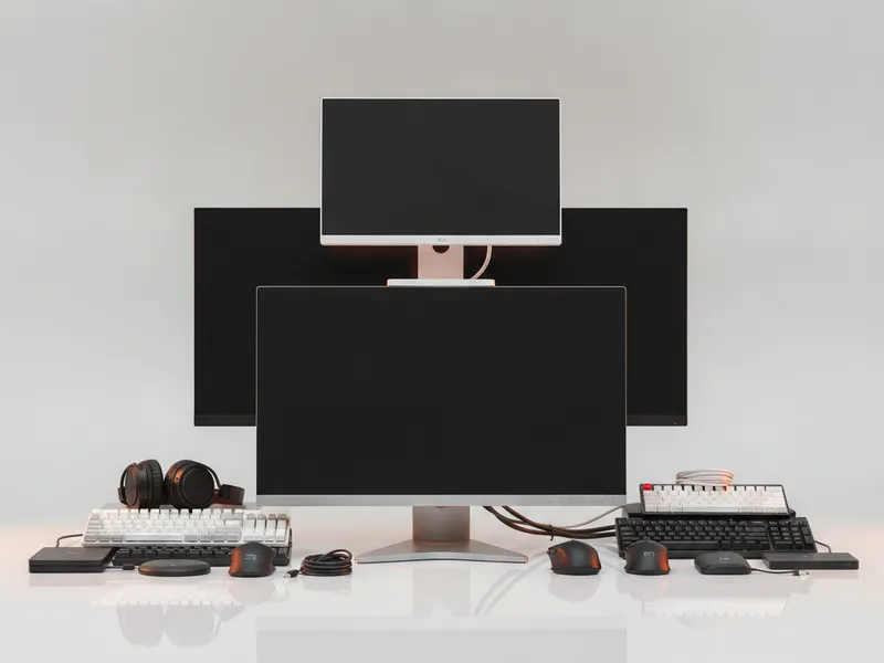 Stack of new and refurbished computer monitors and peripherals arranged neatly